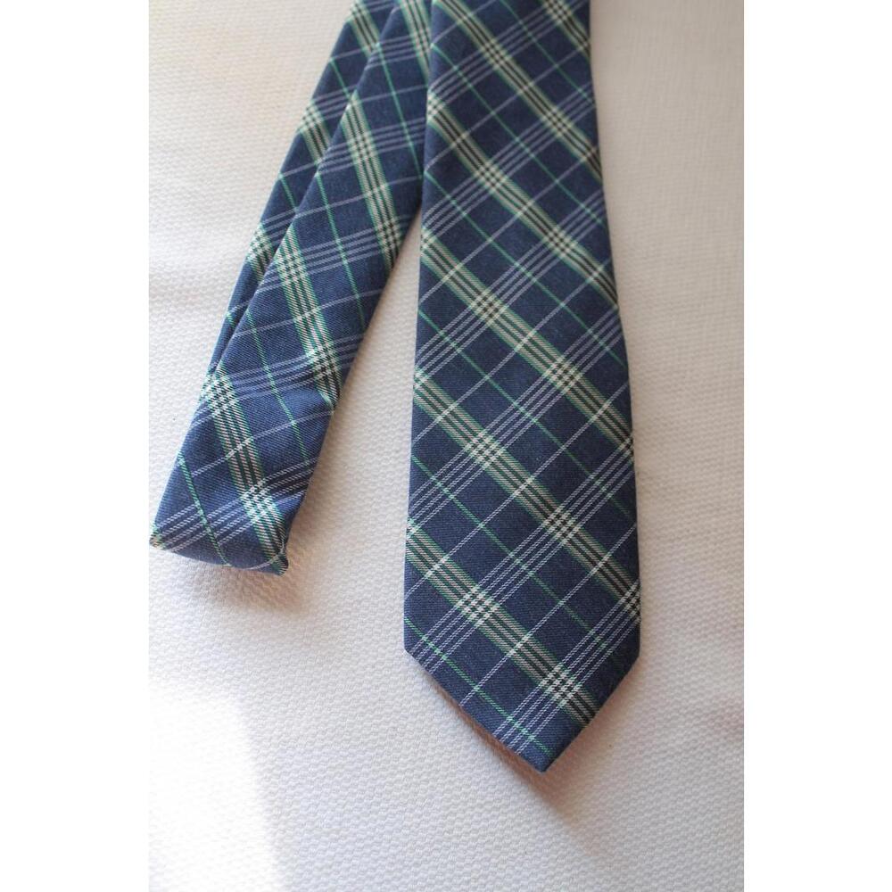 Vintage STAFFORD Cotton Silk Blend Necktie, Navy, White, Green Plaid, 3 X 57